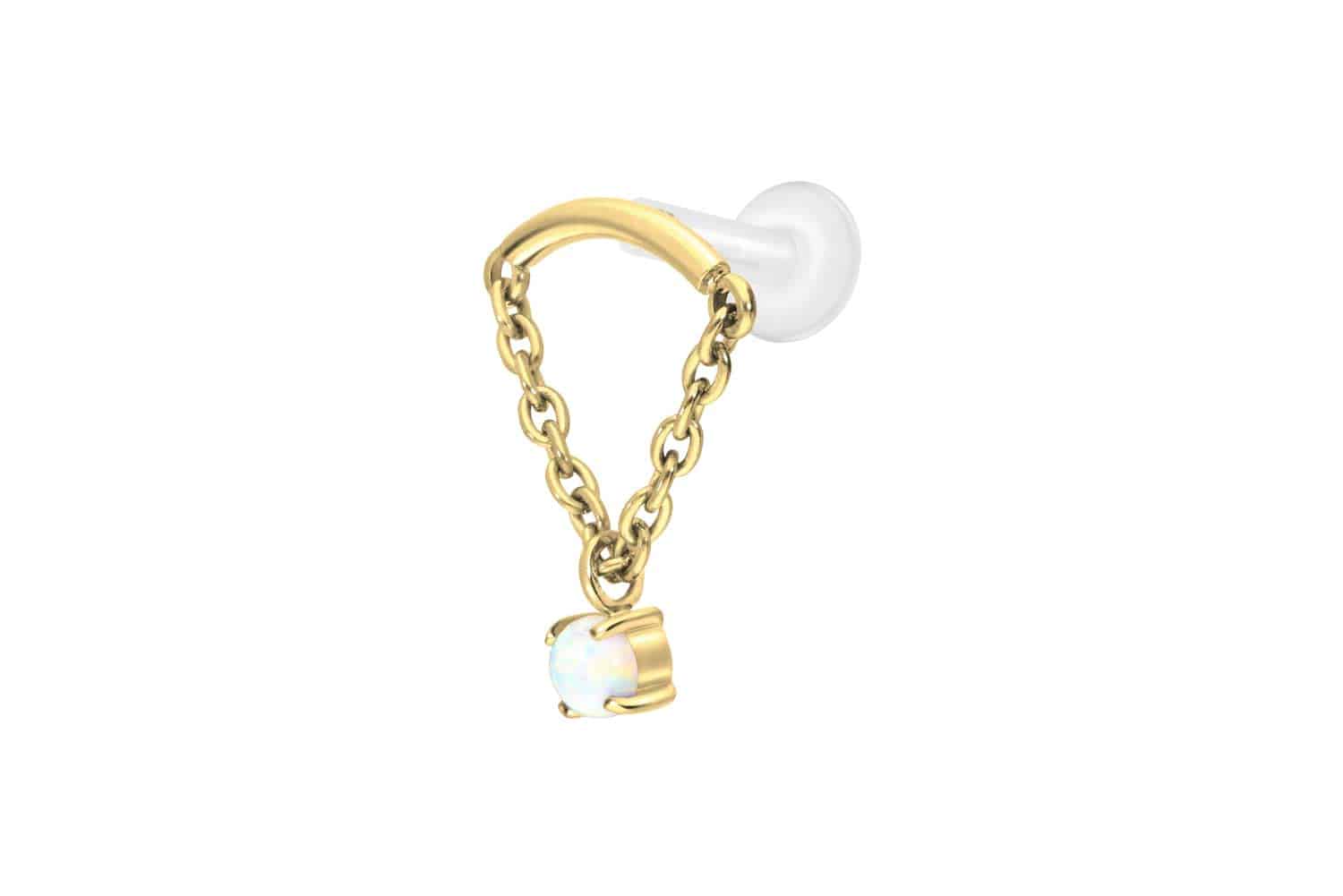 PTFE Labret Piercing mit Innengewinde + Titan-Aufsatz BOGEN + KETTE + SYNTHETISCHER OPAL